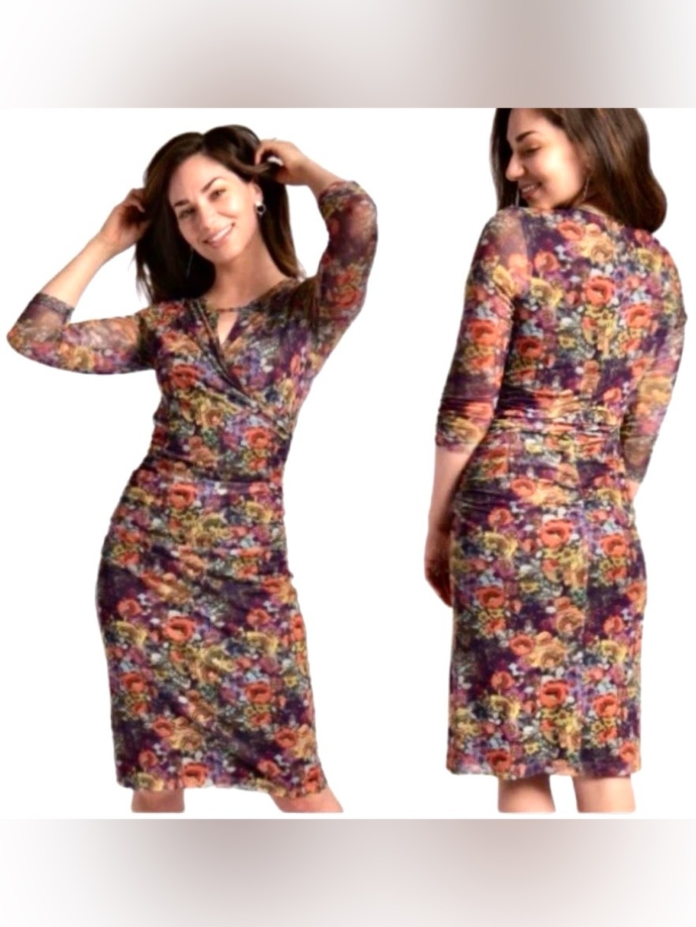 Betabrand Floral Ruched Mesh Bodycon Midi Dress